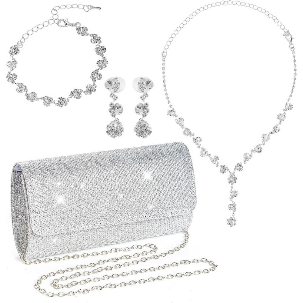 Women Evening Jewelry Set Rhinestone Bling Clutch Necklace Earrings Bracelets